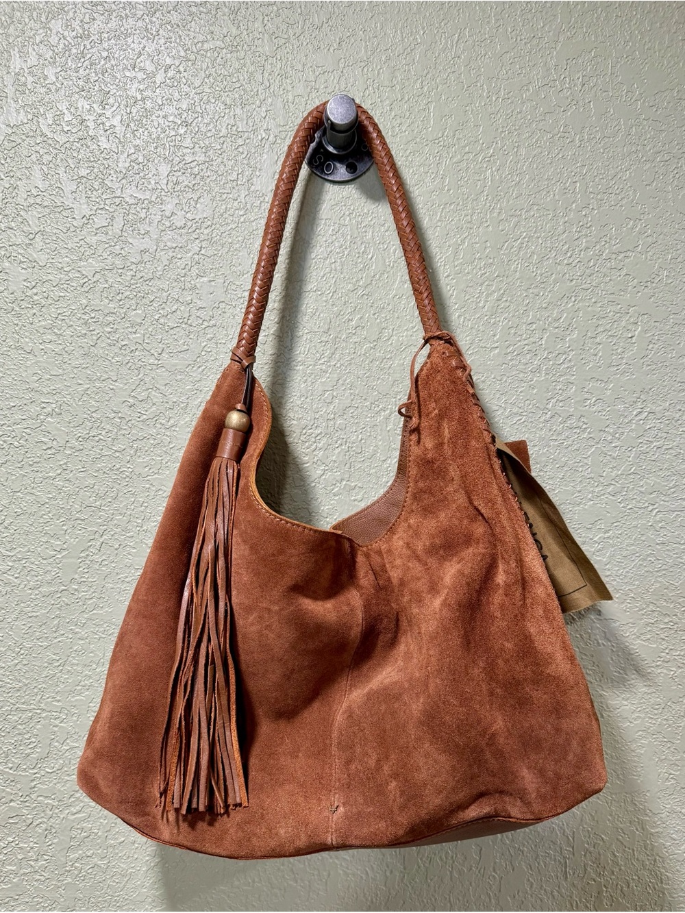 Suede Tassel Shoulder Bag in Cognac Brown - Picture 1 of 10